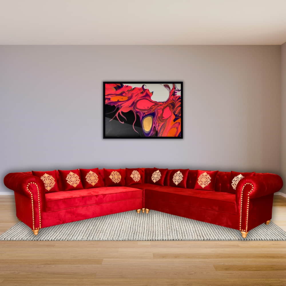 6-7 Seater L Shape Red Velvet Sofa Corner Set